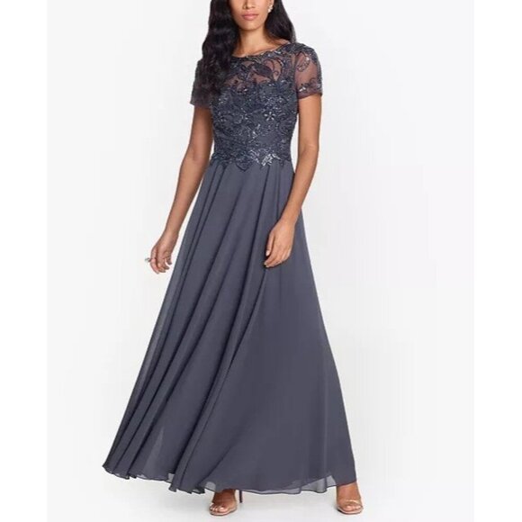 XSCAPE Womens Size 8 Gray Beaded Sequin Embellished Chiffon Formal Gown Dress - Picture 1 of 14